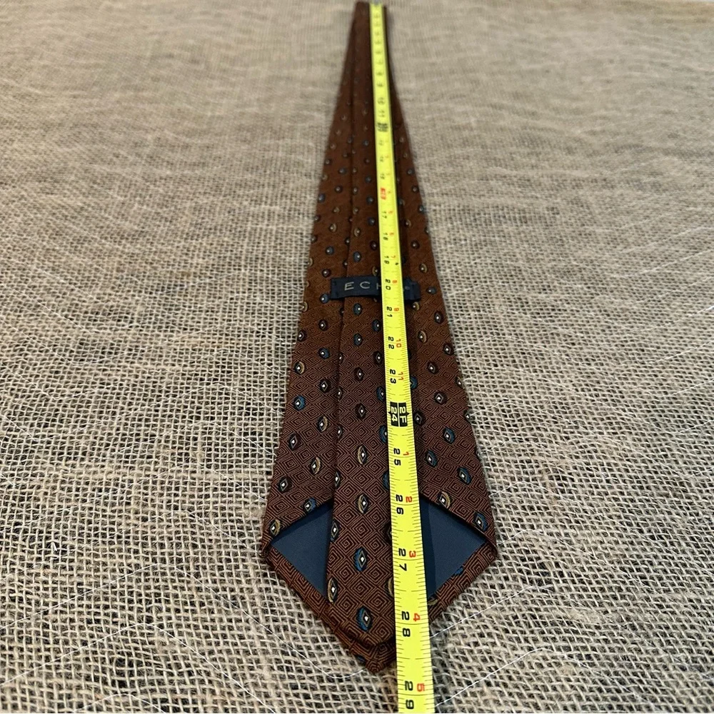 Echo 100% Silk Brown & Carmel Tie with oval‎ design of blue cream & burgundy NWT